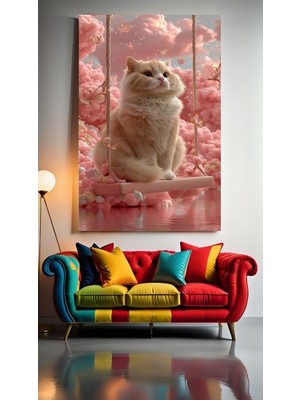 Özkacar Group Salıncakta Oturan Kedi Ev Duvar Salon Güzellik Salonu Ofis Dükkan Dekarasyon Kanvas Tablo