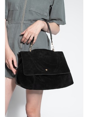 Marjin Kadın Hakiki Deri Fermuarlı Çıkabilen İç Cepli El ve Omuz Çantası Ornis Siyah Süet