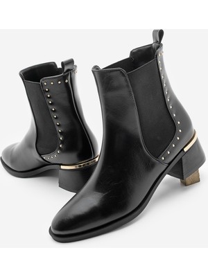 Marjin Kadın Zımba Detay Altın Ökçe Lastikli Topuklu Bot Ernaz Siyah