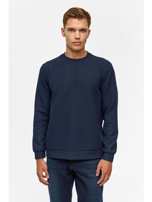 Lacivert Regular Düz Bisiklet Yaka Sweatshirt