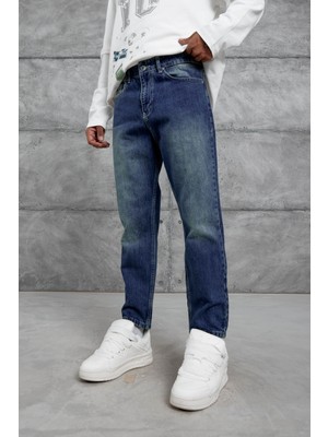 Koyu Lacivert MB Boyfriend Kalıp Taşlamalı Jean