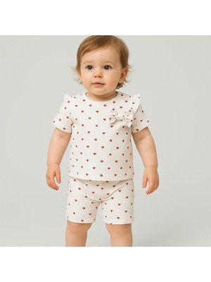Heart Pattern Fırfır & Fiyonk Detay Kız Bebek Çocuk Yazlık Şort Takım