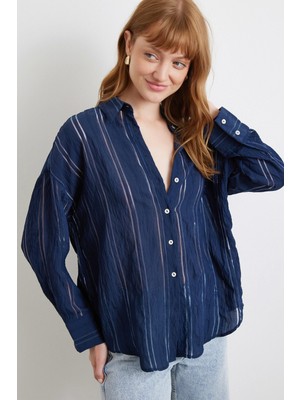 Organze Çizgili Gömlek Lacivert