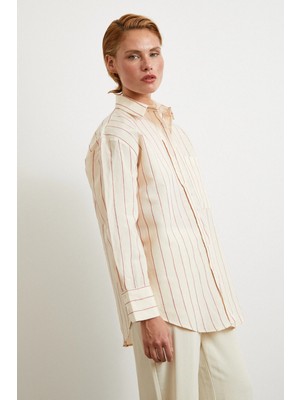 Kontrast Çizgili Modal Gömlek Fuşya