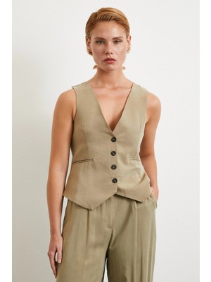 Cep Kapaklı Keten Yelek Haki