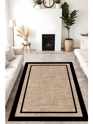 Dijital Baskı Jüt Görünüm Siyah Çerçeveli Modern Makinada Yıkanabilir Salon Mutfak Yolluk Halısı