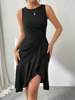 Kadın Askılı Bisiklet Yaka Önden Fırfırlı Kısa Ithal Krep Elbise