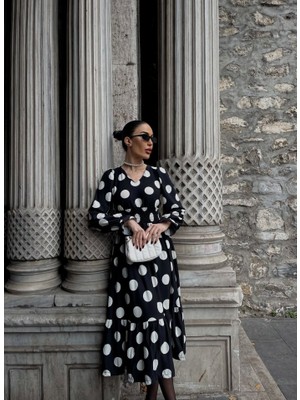 Kadın Uzun Kollu V Yakalı Beli Lastikli Puantiyeli Uzun Krep Elbise