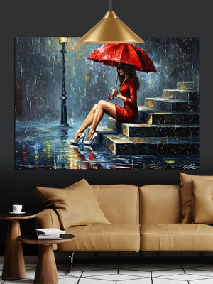 Yağmurda Kırmızı Şemsiye Kadın Dekoratif Kanvas - Mdf Ahşap Tablo