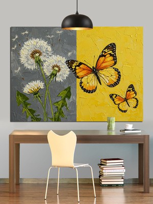 Papatyalar Üzerinde Sarı Kelebek Dekoratif Kanvas - Mdf Ahşap Tablo