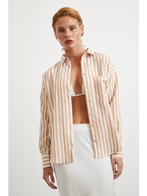 Multi Çizgili Cepli Gömlek Camel