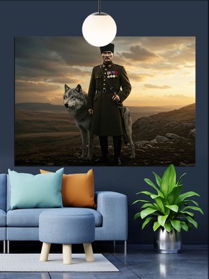 Atatürk ve Kurt Portresi Dekoratif Kanvas - Mdf Ahşap Tablo