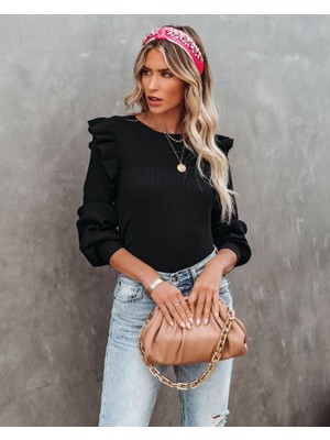 Kadın Uzun Kollu Bisiklet Yaka Omuzları Fırfırlı Triko Bluz