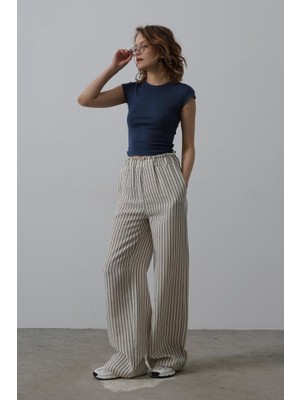 Çizgili Pamuklu Lastikli Pantolon - Bej-Lacivert