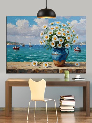 Vazoda Beyaz Papatya Çiçekleri Dekoratif Kanvas - Mdf Ahşap Tablo