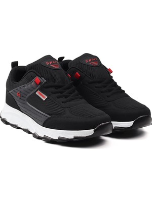 Erkek Siyah Kırmızı Spor Ayakkabı Rahat Yürüyüş Koşu Günlük Sneaker Bağcıklı Hafif Taban