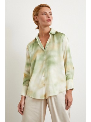 Ebruli Desen Saten Gömlek Yeşil