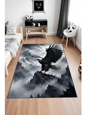Dijital Baskı Siyah Beyaz Dağ Temalı Kartal  Halısı Yıkanabilir Genç Odası Taraftar Halısı