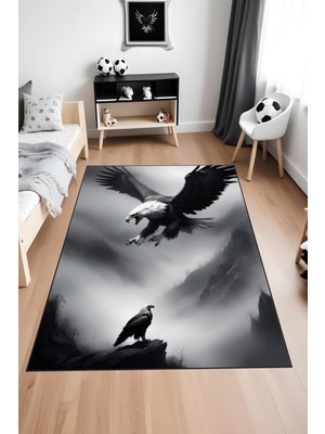 Dijital Baskı Siyah Beyaz Dağ Temalı Kartal  Halısı Yıkanabilir Genç Odası Taraftar Halısı