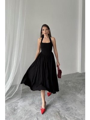 Siyah Boyundan Bağlamalı Keten Elbise