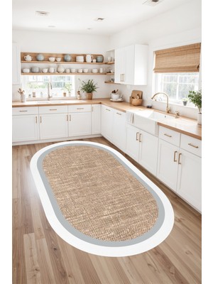 Dijital Baskı Jüt Görünümlü Beyaz Çerçeveli Oval Makinada Yıkanabilir Salon Mutfak Yolluk Halısı