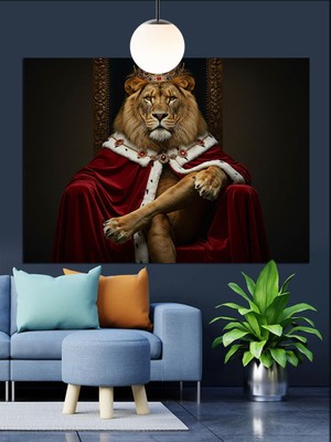 Kırmızı Pelerinli Aslan Kral Dekoratif Kanvas - Mdf Ahşap Tablo