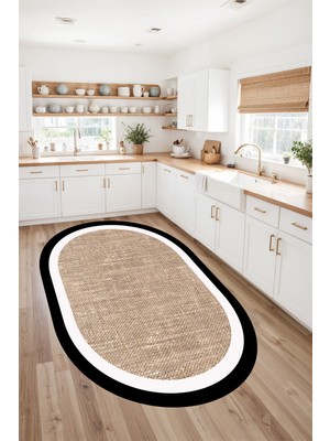 Dijital Baskı Jüt Görünüm Siyah Beyaz Çerçeveli Oval Makinada Yıkanabilir Salon Mutfak Yolluk Halısı