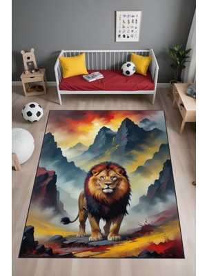 Dijital Baskı Sarı Kırmızı Aslanlı Halı Makinada Yıkanabilir Genç Odası Taraftar Halısı