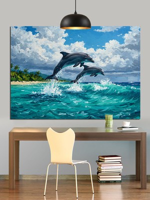 Okyanusta Zıplayan Yunus Dekoratif Kanvas - Mdf Ahşap Tablo