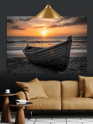Gün Batımında Eski Kayık Dekoratif Kanvas - Mdf Ahşap Tablo