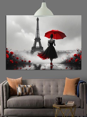 Kırmızı Şemsiye Eyfel Kulesi Dekoratif Kanvas - Mdf Ahşap Tablo