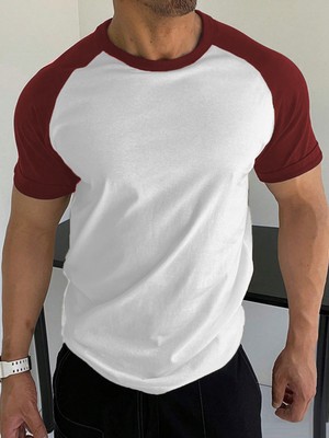 Beyaz Bisiklet Yaka Omuzları Bordo Garni T-Shirt