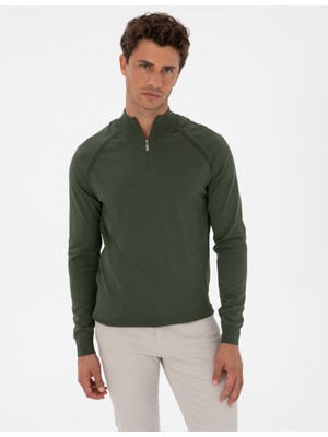 Pierre Cardin Erkek Koyu Haki Slim Fit Dik Yaka Fermuarlı Triko Kazak 50315752-VR111