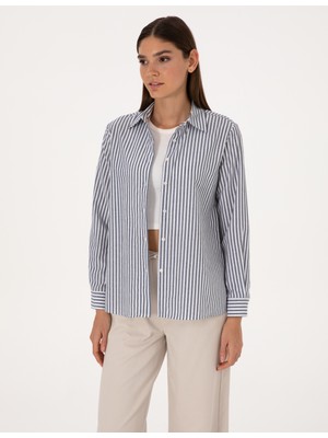 Pierre Cardin Kadın Lacivert Çizgili Comfort Fit Uzun Kollu Gömlek 50318226-VR033