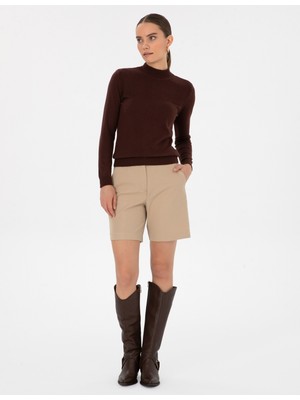 Pierre Cardin Kadın Kahverengi Slim Fit Yarım Balıkçı Yaka Basic Kazak 50315768-VR029