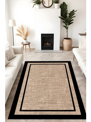 Dijital Baskı Jüt Görünüm Siyah Çerçeveli Modern Makinada Yıkanabilir Salon Mutfak Yolluk Halısı