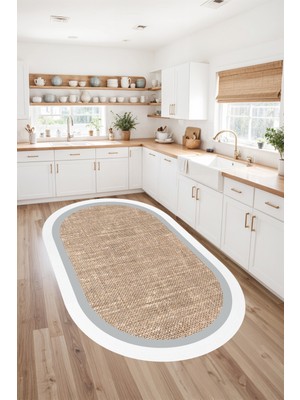 Dijital Baskı Jüt Görünümlü Beyaz Çerçeveli Oval Makinada Yıkanabilir Salon Mutfak Yolluk Halısı