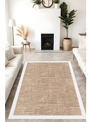 Dijital Baskı Jüt Görünümlü Beyaz Çerçeveli Modern Makinada Yıkanabilir Salon Mutfak Yolluk Halısı