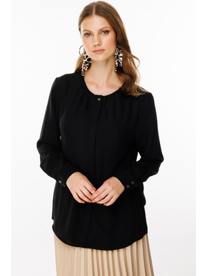 Ekol Kadın Büyük Beden Yakası Büzgülü Tek Düğme Bluz 2553 Siyah