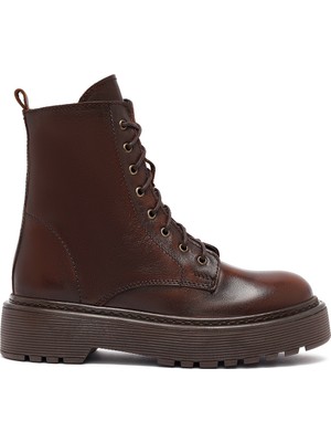 Kadın Kahverengi Bağcıklı Fermuarlı Kalın Tabanlı Deri Postal Bot 25WFD181818