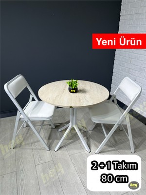 Aras 2 Kişilik Yuvarlak Mutfak Yemek Masası Takımı 2+1 Traverten Beyaz Deri 80 cm