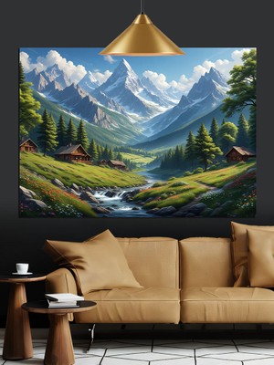 Yeşil Dağlar ve Dere Dekoratif Kanvas - Mdf Ahşap Tablo
