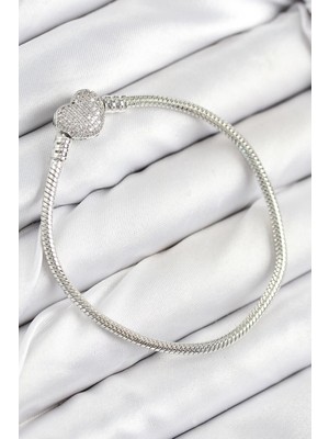 Pirinç Charm Zirkon Taşlı Kalp Model Gümüş Renk Kadın Bileklik - PRT3500EB08664