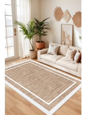 Dijital Baskı Jüt Görünüm Beyaz Çerçeveli Modern Makinada Yıkanabilir Salon Mutfak Yolluk Halısı