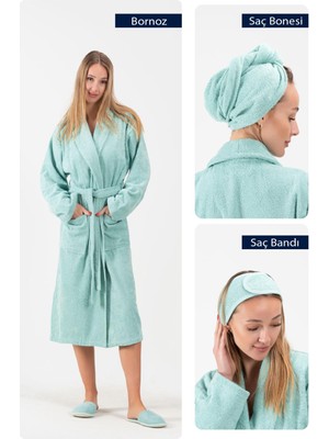 Cottonverse 3'lü Bornoz Seti - %100 Pamuk Bornoz , Saç Bonesi , Saç Bandı Unısex