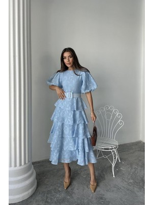 Bebe Mavi Kat Kat Balon Kollu Kemerli Elbise