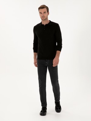 Cacharel Siyah Regular Fit Pamuk Karışımlı Polo Yaka Basic Triko Kazak 50318673 VR046
