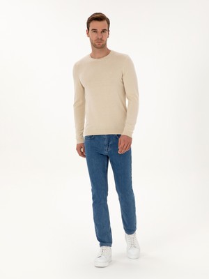 Cacharel Erkek Bej Slim Fit Pamuk Karışımlı Bisiklet Yaka Basic Triko Kazak 50318620-VR011