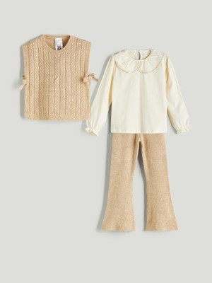 Kids Ekru Bisiklet Yaka Bluz Ispanyol Paça Pantolon ve Süveter Kız Çocuk 3'lü Takım