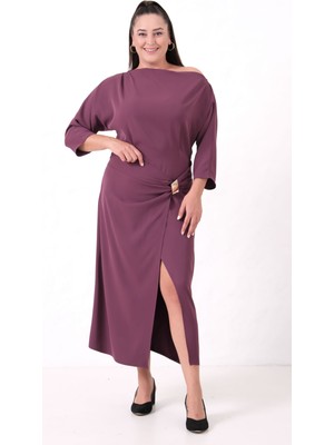 Kadın Mürdüm Aksesuar Detay Midi Davet Elbise